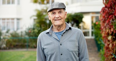 Buy stock photo Wellness, portrait and senior man with smile, fresh air and positive attitude in backyard. Wellbeing, happy and elderly person outdoor with confidence, weekend unwind and good mood in retirement.