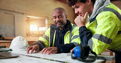 Buy stock photo Carpentry, meeting and blueprint with people in warehouse for engineer report, manufacturing and team. Woodworking project, collaboration and contractor with employees in workshop for feedback