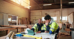 Carpentry, team and tablet with people in warehouse for engineer report, manufacturing and meeting. Woodworking project, collaboration and online schedule with employees in workshop for feedback