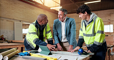 Buy stock photo Carpentry, meeting and supervisor with people in warehouse for engineer report, manufacturing and team. Woodworking project, collaboration and planning with employees in workshop for feedback