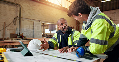 Buy stock photo Carpentry, advice and blueprint with people in warehouse for engineer report, manufacturing and team. Woodworking project, collaboration and contractor with employees in workshop for feedback