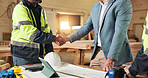 Handshake, team and engineer with people in warehouse for  manufacturing, expansion and agreement. Construction, partner and shaking hands with employee in workshop for contractor deal and woodwork