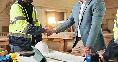 Buy stock photo Handshake, team and engineer with people in warehouse for  manufacturing, expansion and agreement. Construction, partner and shaking hands with employee in workshop for contractor deal and woodwork