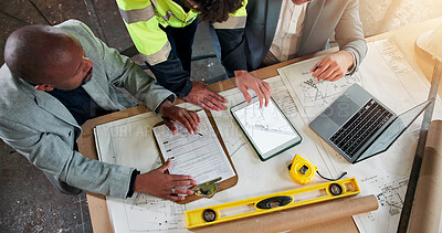 Buy stock photo Tablet, meeting and carpentry with people in warehouse for furniture quote, stock review or planning. Manufacturing checklist, contractor invoice and blueprint with above of men with clipboard