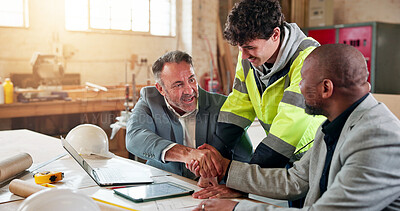 Buy stock photo Handshake, partner and engineer with people in warehouse for manufacturing, expansion and agreement. Construction, team and shaking hands with employee in workshop for contractor deal and woodwork