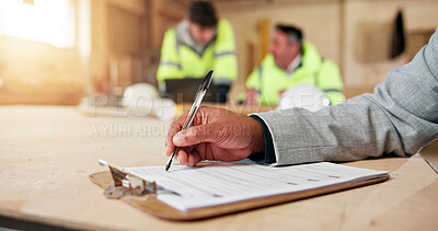 Buy stock photo Clipboard, writing and carpentry with hands in warehouse for furniture quote, stock review or planning. Manufacturing checklist, contractor invoice and evaluation with person in factory for project