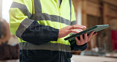 Buy stock photo Carpentry, hands and tablet in warehouse for planning, quality assurance or stock order for lumber. Person, tech and scroll in woodworking factory for research, project management or material pricing