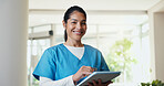 Tablet, woman and face of nurse in hospital with confidence for career in medical service. Happy, digital technology and portrait of Asian healthcare worker with pride for about us in clinic.