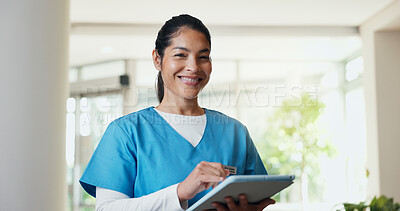Buy stock photo Tablet, woman and portrait of nurse in hospital with confidence for career in medical service. Happy, digital technology or Asian healthcare worker with pride for about us or health support in clinic