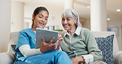 Buy stock photo Medical, old woman or nurse in center with tablet, consultation results or advice in checkup report. Happy, caregiver or senior patient with tech, health assessment or treatment plan in retirement.