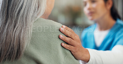 Buy stock photo Hands, caregiver and old woman at house for comfort, emotional support and medical diagnosis. Nurse, consoling and senior person in lounge with sympathy, compassion and treatment for terminal illness
