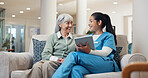 Consultation, old woman or nurse in center with tablet, medical review or advice in checkup report. Wellness, caregiver or senior patient with tech, health assessment or treatment plan in retirement.