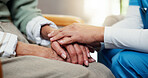 Holding hands, support and nurse with senior woman in house for medical checkup with comfort. Empathy, compassion and caregiver with elderly patient for healthcare consultation in nursing home.
