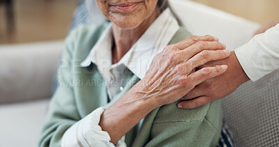 Buy stock photo Caregiver, holding hands and old woman at house for comfort, support and medical diagnosis. Nurse, consoling and senior person in home for understanding, compassion and treatment for terminal illness