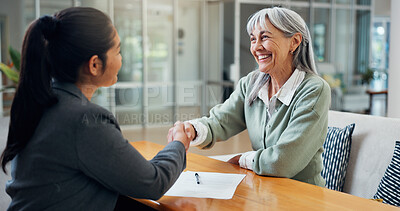 Buy stock photo Smile, old woman and handshake at house with advisor, real estate deal and purchase agreement. Senior person, shaking hands and thank you for consultation, retirement benefits and finance negotiation