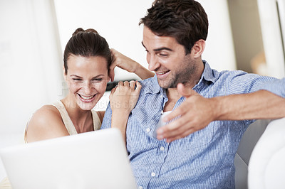 Buy stock photo Laptop, relax and comedy with couple on sofa for streaming service, bonding or movie subscription. Online film, laughing and multimedia search with man and woman in living room of home for connection
