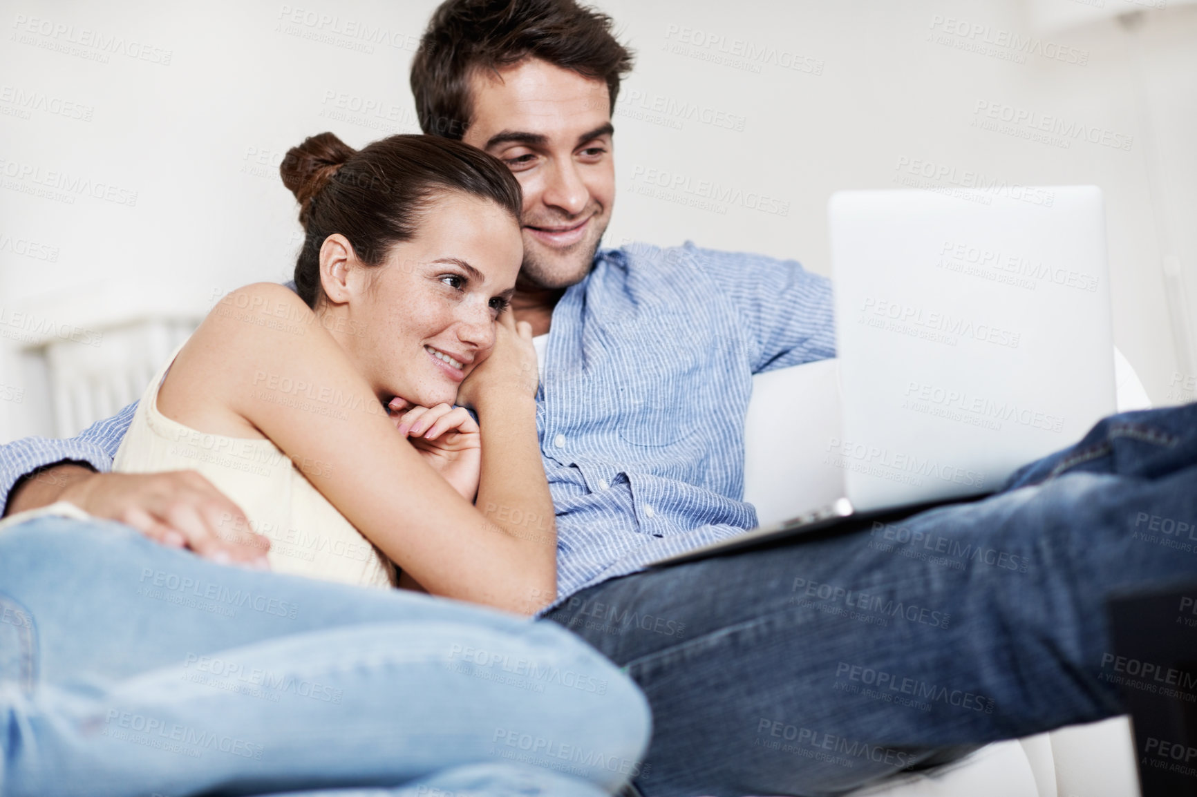 Buy stock photo Laptop, calm and smile with couple on sofa for streaming service, bonding and movie subscription. Online film, love and multimedia search with man and woman in living room of home for connection