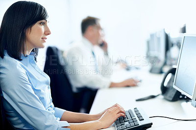 Buy stock photo Typing, consultant and computer with business woman in office for reading, insurance policy and coworking. Premium claims, risk assessment agent and online review with person in agency for research