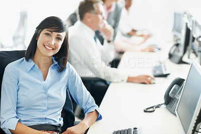 Buy stock photo Portrait, happy and computer with business woman in office for consultant, insurance policy and coworking. Premium claims, risk assessment agent and online review with person in agency for crm