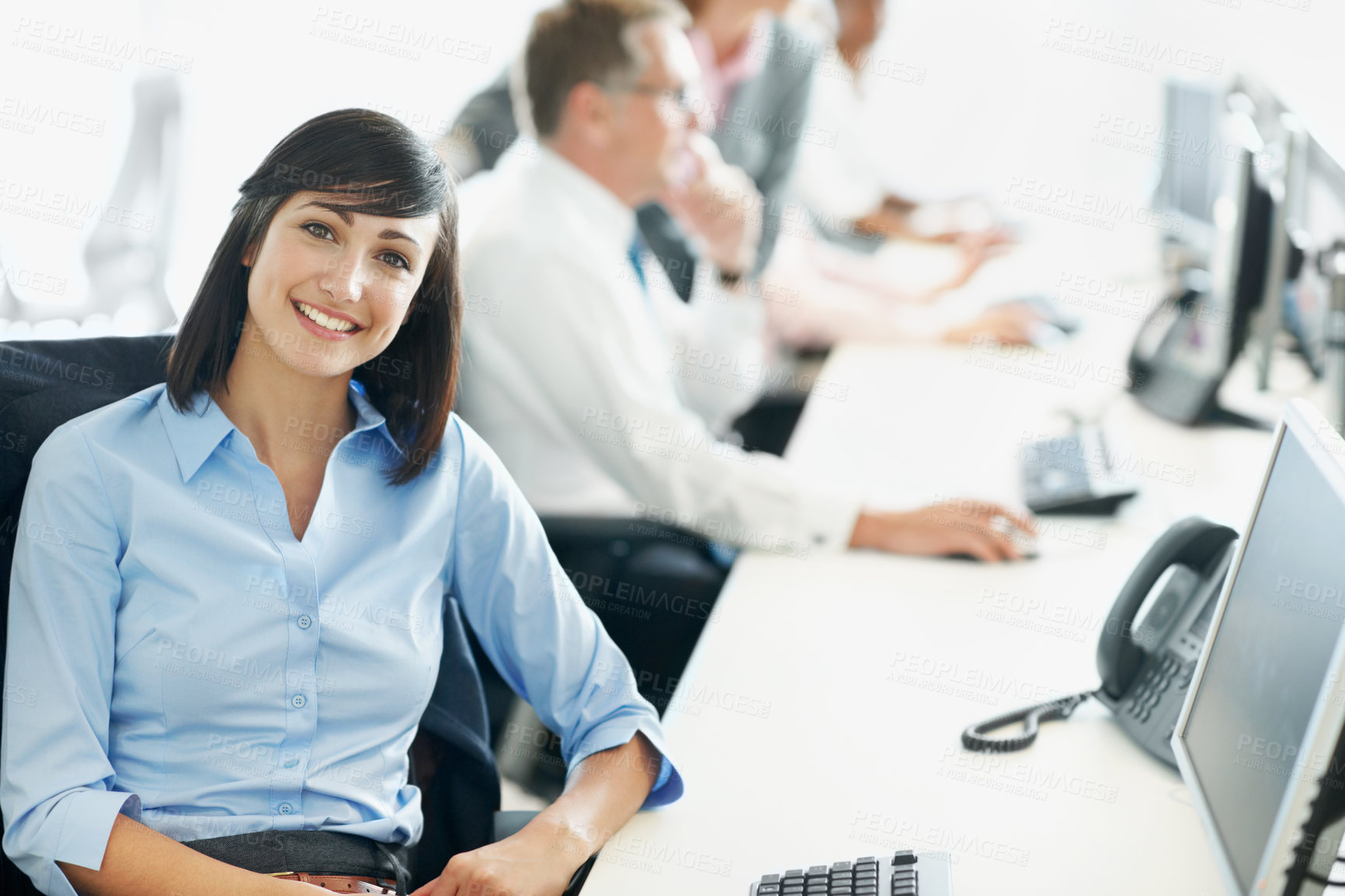 Buy stock photo Portrait, happy and computer with business woman in office for consultant, insurance policy and coworking. Premium claims, risk assessment agent and online review with person in agency for crm