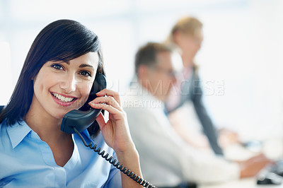 Buy stock photo Phone call, telephone and portrait with business woman for broker advice, communication or chat. Investor negotiation, consulting and contact with employee in coworking agency for discussion