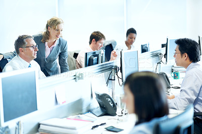 Buy stock photo Corporate, team and computer with business people in office for trading review, coworking and research. Stock market broker, collaboration and online trader platform with employees in agency