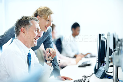 Buy stock photo Computer, team and laugh with business people in office for insurance agent, research and policy review. Risk analysis advisor, help and underwriter with employees in agency for online claims