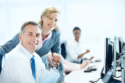 Buy stock photo Computer, team and portrait with business people in office for insurance agent, research and policy review. Risk analysis advisor, help and underwriter with employees in agency for online claims