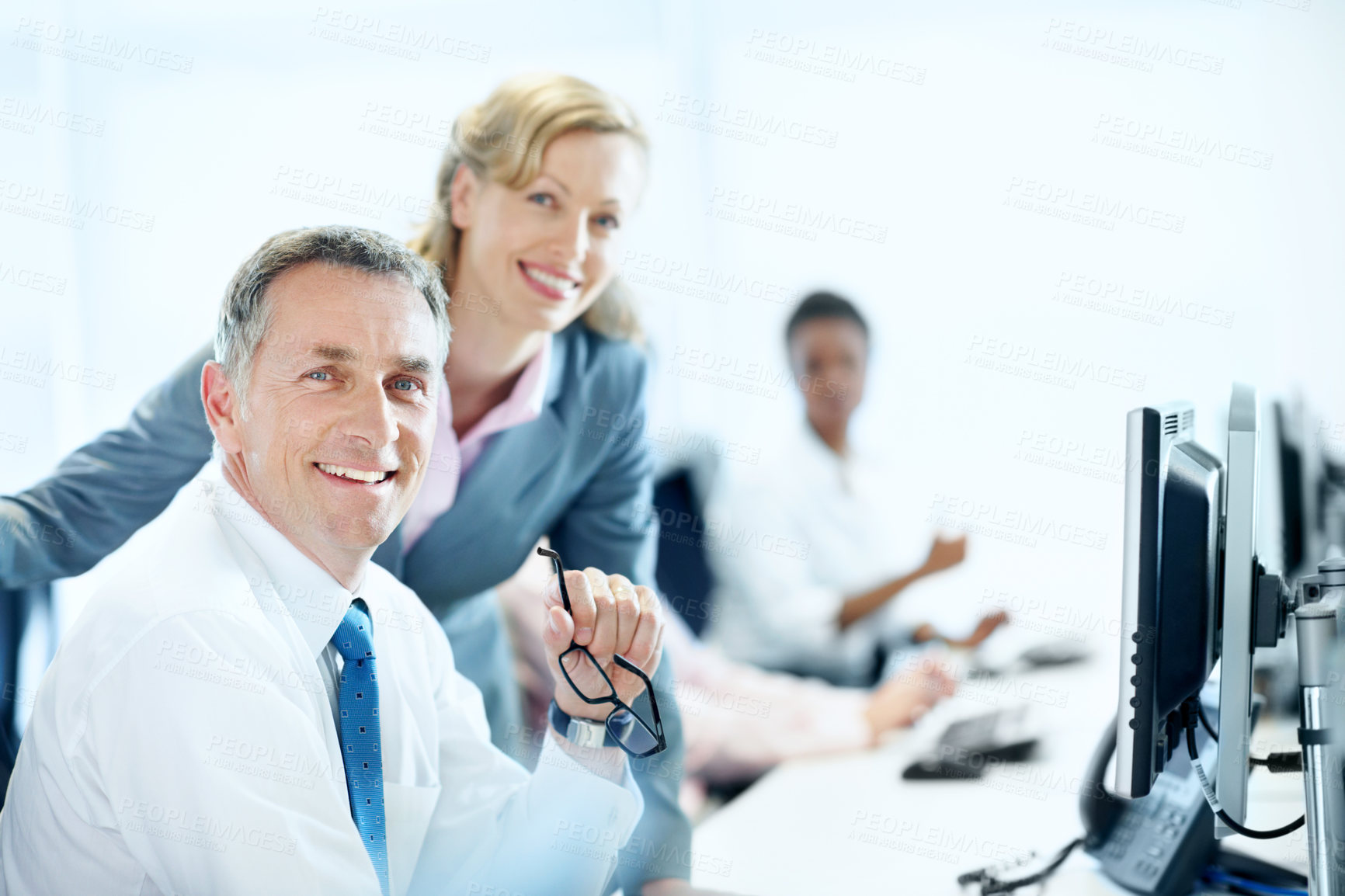 Buy stock photo Computer, team and portrait with business people in office for insurance agent, research and policy review. Risk analysis advisor, help and underwriter with employees in agency for online claims