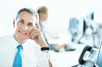 Buy stock photo Portrait, manager and professional with business man in office for insurance agent, about us and policy review. Risk analysis advisor, happy and underwriter with mature employee in agency for claims