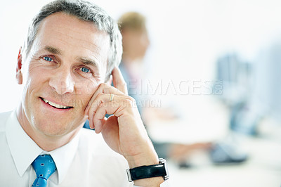 Buy stock photo Portrait, space and professional with business man in office for insurance agent, about us and policy review. Risk analysis advisor, happy and underwriter with mature employee in agency for claims
