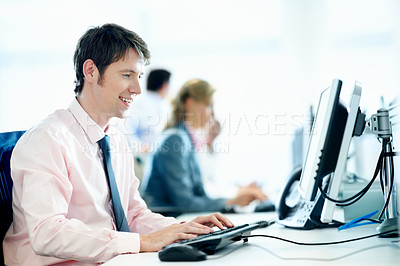 Buy stock photo Typing, consultant and computer with business man in office for smile, insurance policy and coworking. Premium claims, risk assessment agent and online review with person in agency for research