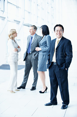 Buy stock photo Portrait, seminar and happy with business man for sales convention, corporate and about us. Negotiation upskill workshop, team and regional manager with employee for conference, smile and event