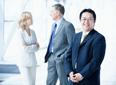 Buy stock photo Portrait, conference and happy with business man for sales convention, corporate and about us. Negotiation upskill workshop, team and regional manager with employee for seminar, smile and event