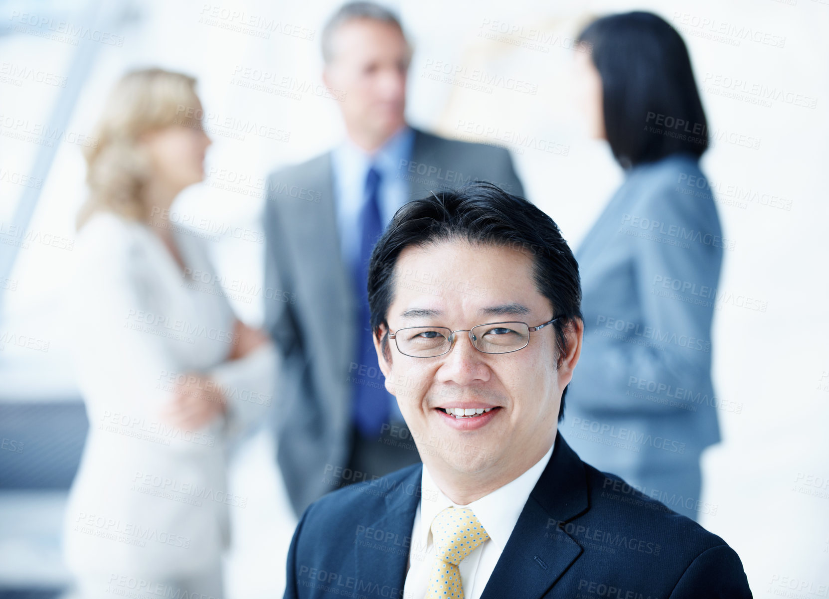 Buy stock photo Portrait, seminar and glasses with business man for sales convention, corporate and about us. Negotiation upskill workshop, expo and regional manager with happy employee for conference and smile