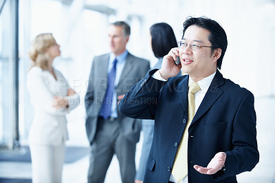Buy stock photo Phone call, advice and conference with business man for negotiation, communication and tradeshow update. Networking, conversation and mediator chat with person in lobby for mobile, expo and contact