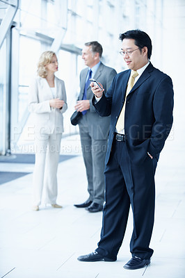 Buy stock photo Phone, texting and business man at conference for communication seminar itinerary or contact. Expo schedule, networking and event venue with person for online notes, keynote speaker list and search