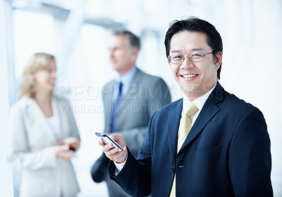 Buy stock photo Phone, portrait and smile with business man at conference for communication seminar itinerary or contact. Expo schedule, networking and event venue with person for keynote speaker list and mobile