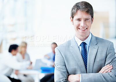 Buy stock photo Meeting, man or happy with arms crossed in office for legal counsel, trial preparation or about us. Staff, space and lawyer portrait at firm for criminal defense, litigation management or case leader