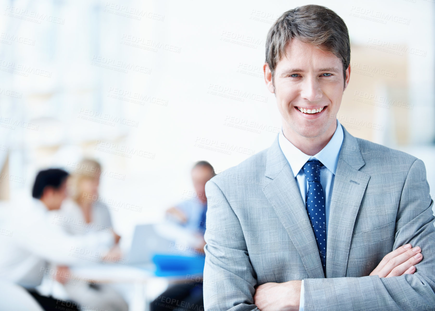 Buy stock photo Meeting, man or happy with arms crossed in office for legal counsel, trial preparation or about us. Staff, space and lawyer portrait at firm for criminal defense, litigation management or case leader