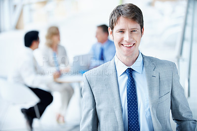 Buy stock photo Corporate, man and happy portrait in meeting for case planning, legal representation or about us. Staff, lawyer and confident at law firm for litigation management, career integrity or defense leader