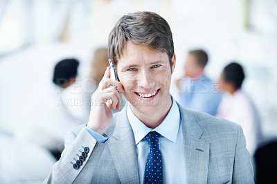 Buy stock photo Corporate, man or happy with phone call in office for finance planning, savings advice or feedback. Portrait, financial advisor or mobile chat with client for investment update, insurance FAQ or talk