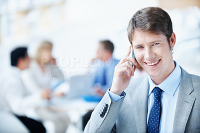 Buy stock photo Meeting, man or happy with phone call in office for finance deal, investment feedback or space. Leader, account manager or mobile chat with investor for secure funding, negotiation portrait or staff