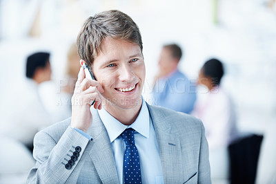 Buy stock photo Corporate, man or happy with phone call in meeting for finance planning, savings advice or feedback. Contact, financial advisor or mobile chat in office for investment update, insurance FAQ and talk