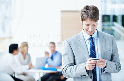 Buy stock photo Phone, reading and business man at conference for communication seminar itinerary or contact. Expo schedule, networking and event venue with person for online notes, keynote speaker list and search