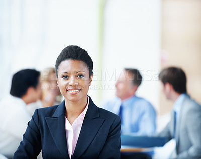 Buy stock photo Business, woman and happy portrait in meeting for case planning, legal representation or about us. Space, lawyer or confident at law firm for litigation management, career integrity or defense leader