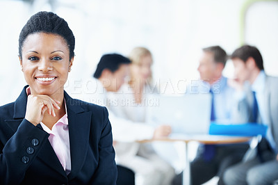Buy stock photo Portrait, smile and meeting with business woman in office for workshop, investment discussion and pride. ROI assets, about us and confidence with employees in agency for stock market research