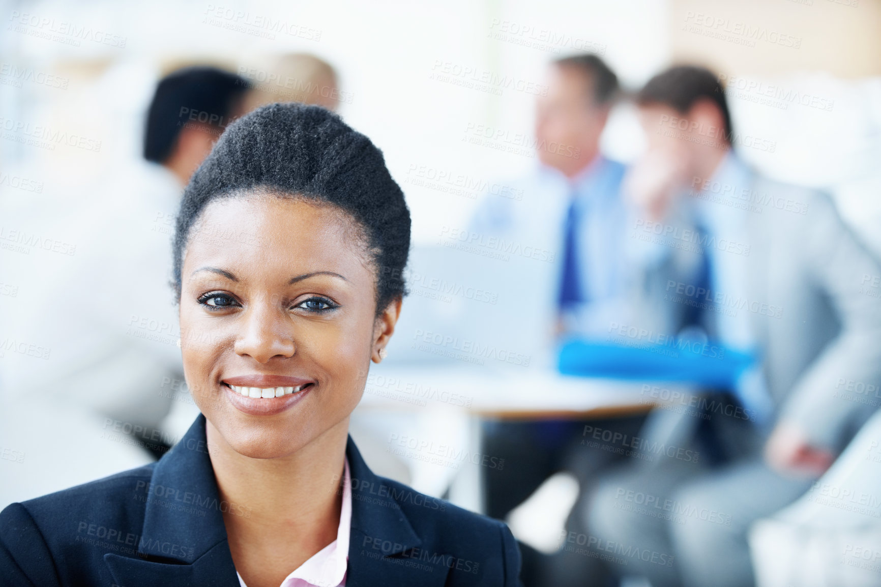 Buy stock photo Portrait, happy and meeting with business woman in office for workshop, investment advisor and pride. ROI assets, about us and confidence with employees in agency for stock market rand professional