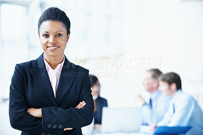 Buy stock photo Corporate, woman or happy with arms crossed in meeting for legal counsel, case planning or about us. Space, attorney portrait and leader at firm for practice management, judicial justice or integrity