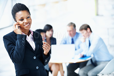 Buy stock photo Phone call, smile and corporate with business woman in office for broker target, communication or chat. Investor negotiation, consulting and contact with happy employee in agency for proposal success